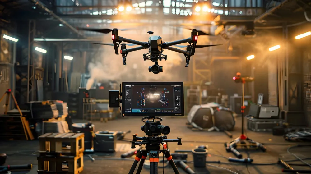 โดรนพร้อมกล้อง gimbal บินถ่ายงานในโรงถ่ายพร้อมจอมอนิเตอร์แสดงภาพ — บริการถ่ายภาพทางอากาศ